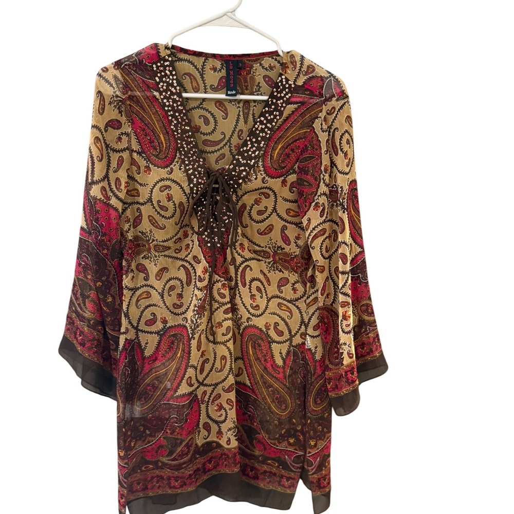 La Moda Hindu Womens Small Sheer Paisley Tunic Top Sequin Lace Up Boho Brown Tan